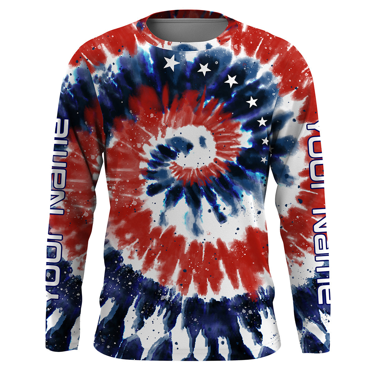 Red White and Blue American Tie dye Flag Custom Long Sleeve Fishing Shirts, Patriotic Fishing Shirts IPHW1714