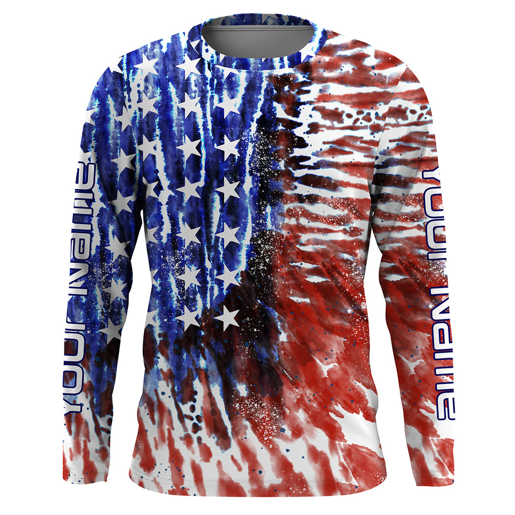 Personalized American Flag UV Protection Long Sleeve Fishing Shirts, Tie dye Patriotic Fishing gifts IPHW1717