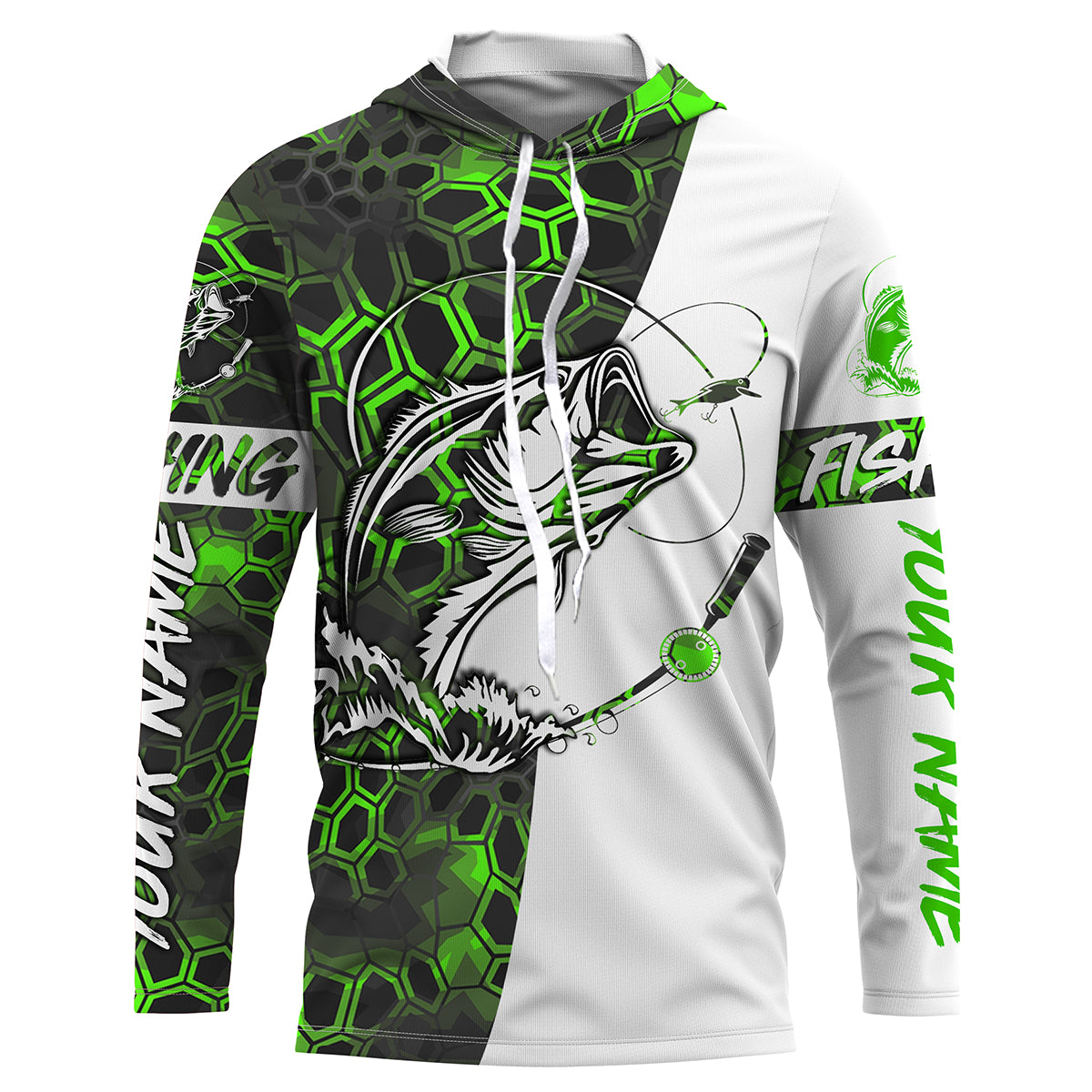 Personalized Bass Fishing jerseys, Bass Fishing Long Sleeve Fishing tournament shirts | green camo IPHW2825