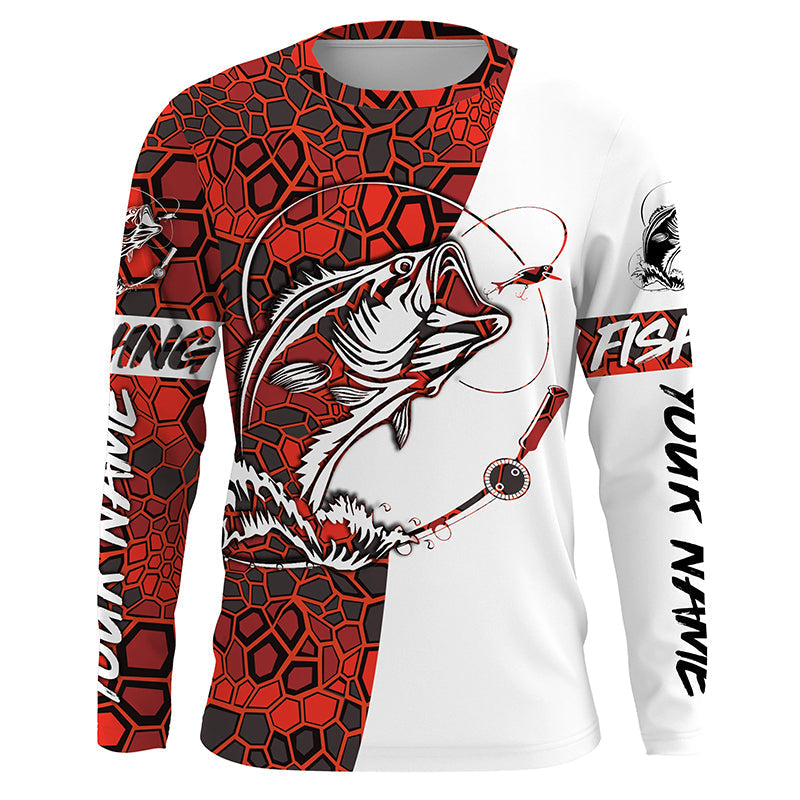 Largemouth Bass Fishing Custom Long Sleeve Shirts, Bass Tournament Fishing Jerseys | Red Camo IPHW3856