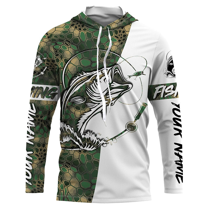 Largemouth Bass Fishing Custom Long Sleeve Shirts, Bass Tournament Fishing Jerseys | Green Camo IPHW3858