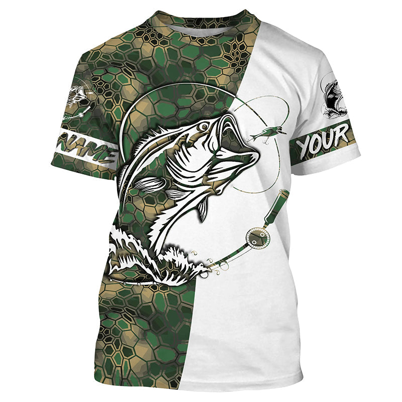 Largemouth Bass Fishing Custom Long Sleeve Shirts, Bass Tournament Fishing Jerseys | Green Camo IPHW3858