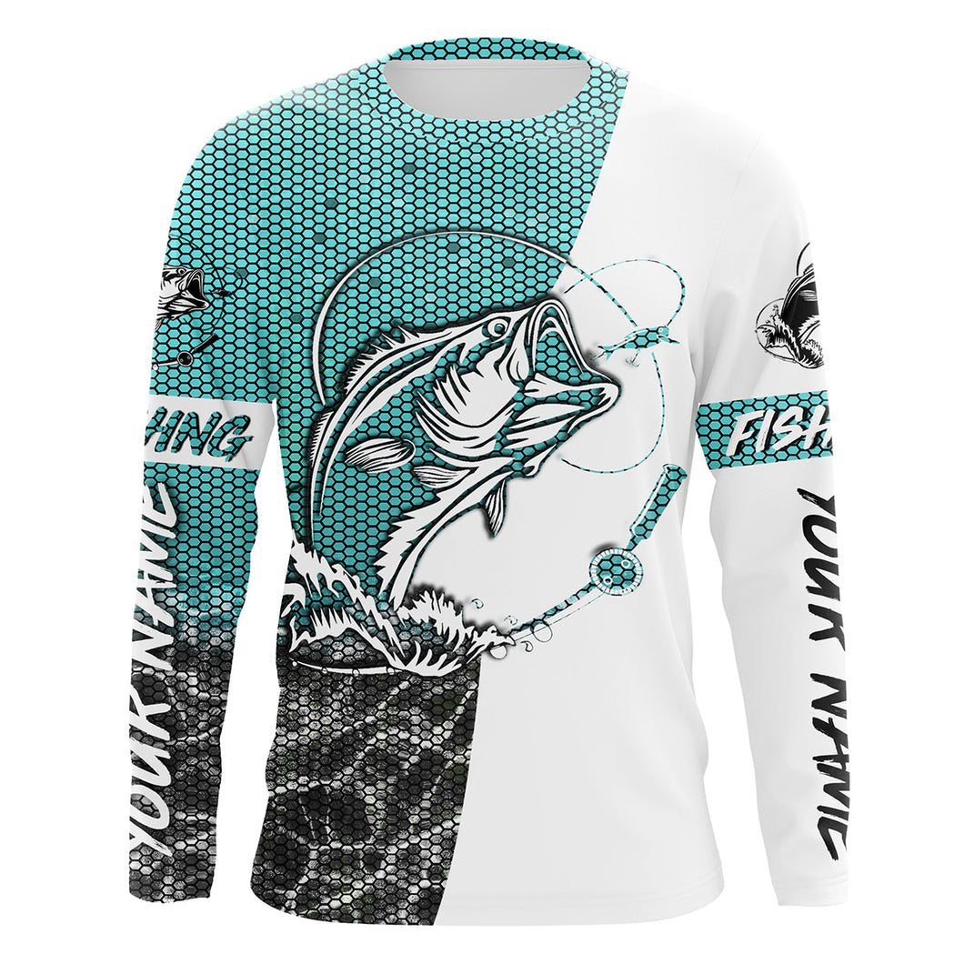 Personalized Bass Fishing jerseys, Bass Fishing Long Sleeve Fishing tournament shirts | sky blue IPHW2218