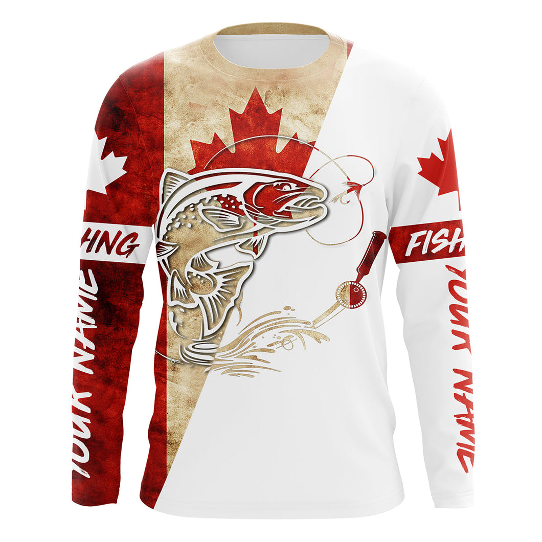 Canada Flag Trout Fishing Custom long sleeve performance Fishing Shirts, Trout Fishing jerseys IPHW2864