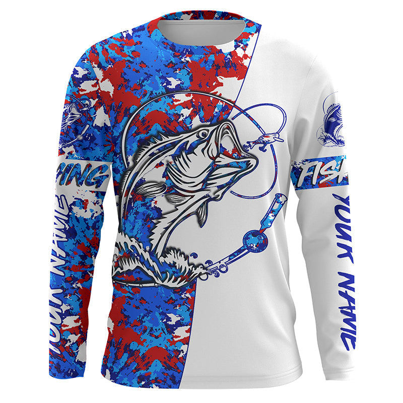 Personalized Red, White, Blue Camo Largemouth Bass Long Sleeve Fishing Shirts, Bass Fishing Jerseys IPHW3991