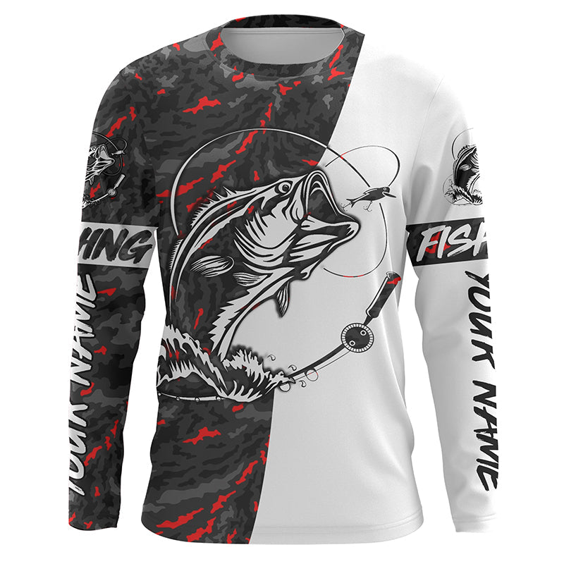 Personalized Bass Fishing Jerseys, Largemouth Bass Tournament Fishing Shirts | Red And Black Camo IPHW3992