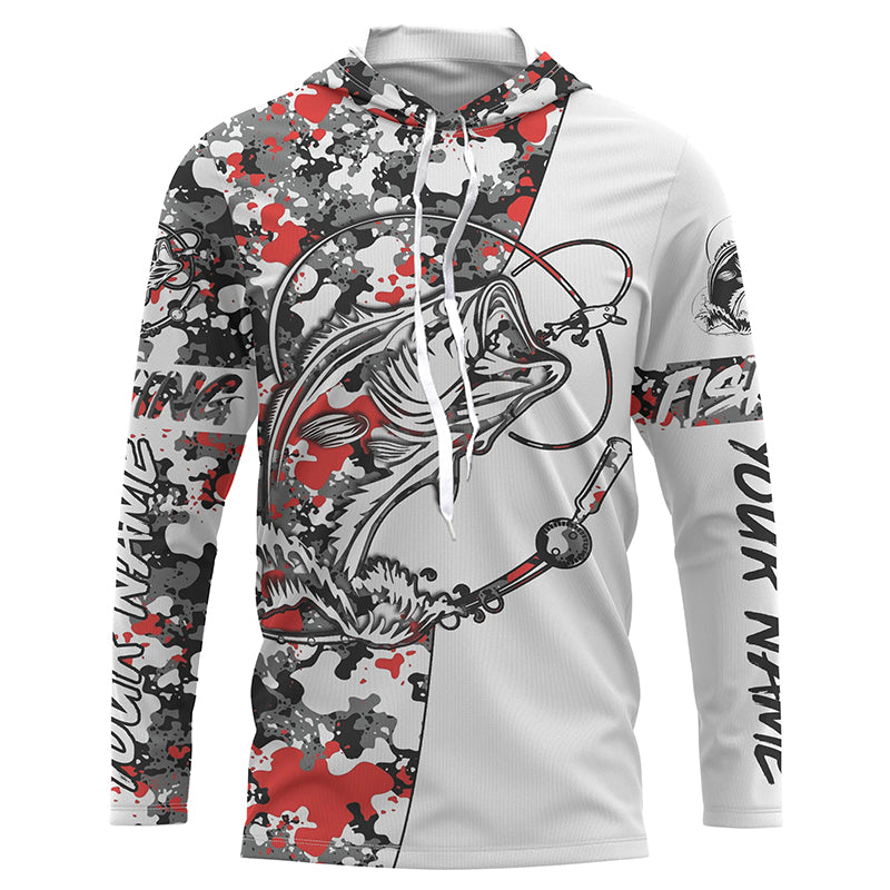 Custom Largemouth Bass Long Sleeve Tournament Fishing Shirts, Bass Fishing Jerseys | Gray Red Camo IPHW3993