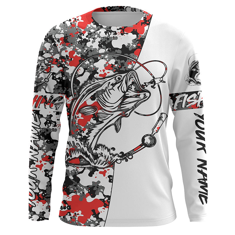 Custom Largemouth Bass Long Sleeve Tournament Fishing Shirts, Bass Fishing Jerseys | Gray Red Camo IPHW3993