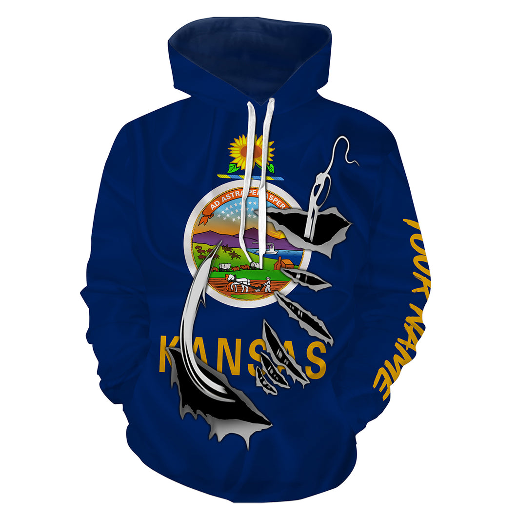 Kansas Flag Fish Hook Custom All over print Hoodie Fishing Shirts - HPW331