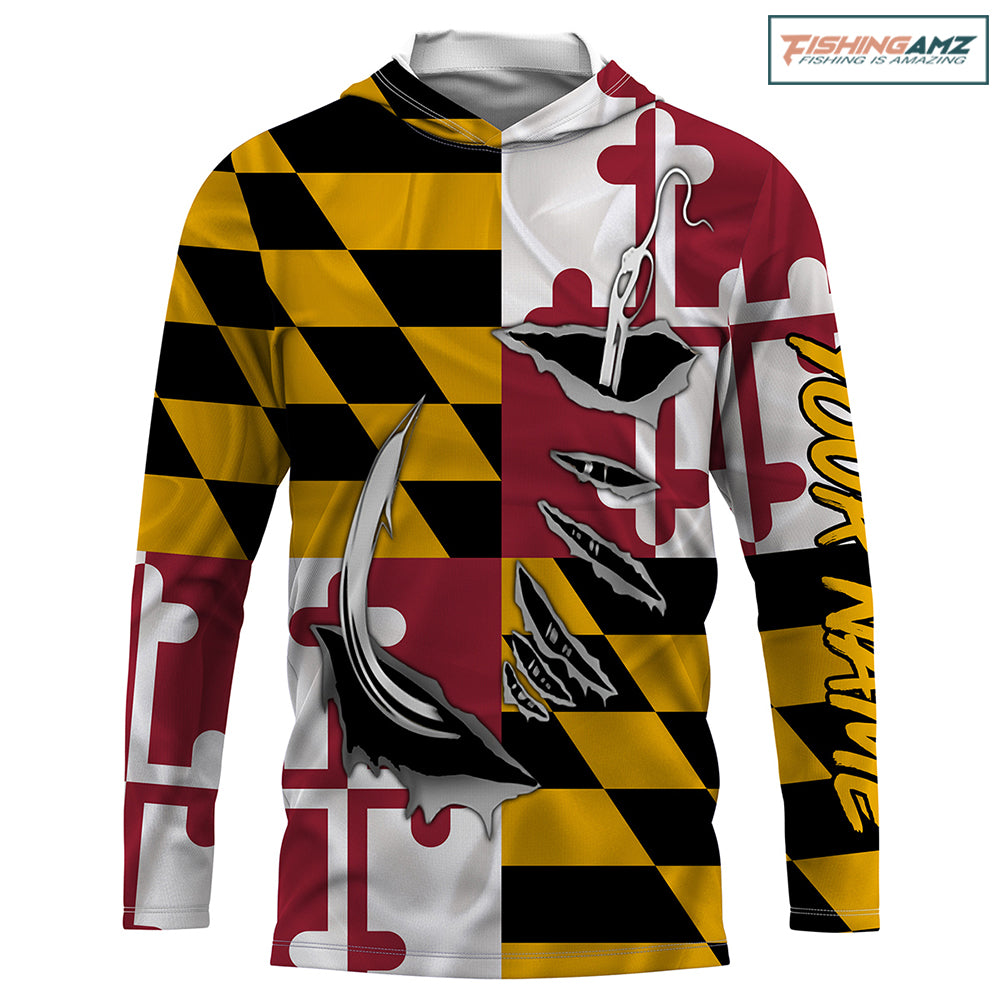 Maryland Flag 3D Fish Hook Custom Men Long Sleeve performance Fishing Shirts, Patriotic Fishing apparel - HPW47