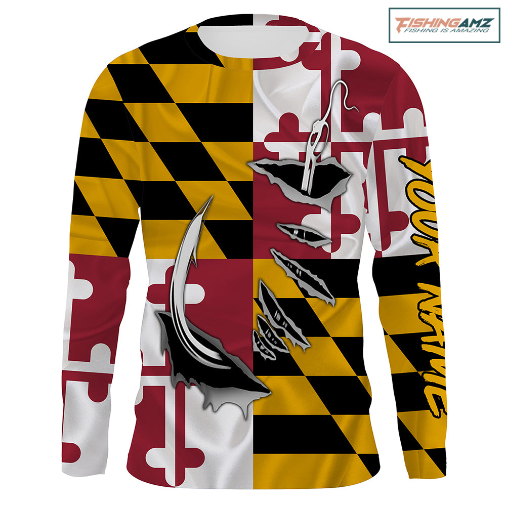 Maryland Flag 3D Fish Hook Custom Men Long Sleeve performance Fishing Shirts, Patriotic Fishing apparel - HPW47