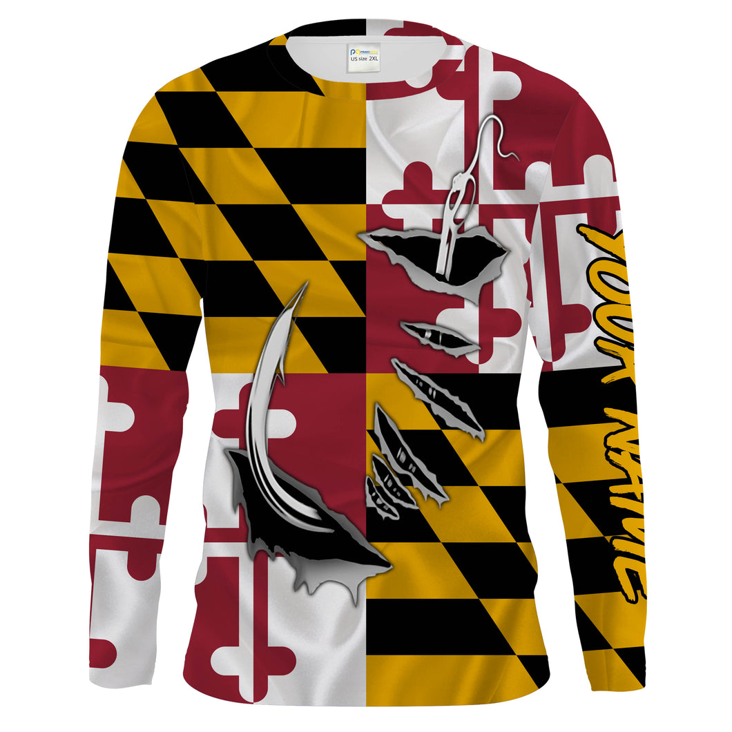 Maryland Flag 3D Fish Hook Custom Men Long Sleeve performance Fishing Shirts, Patriotic Fishing apparel - HPW47