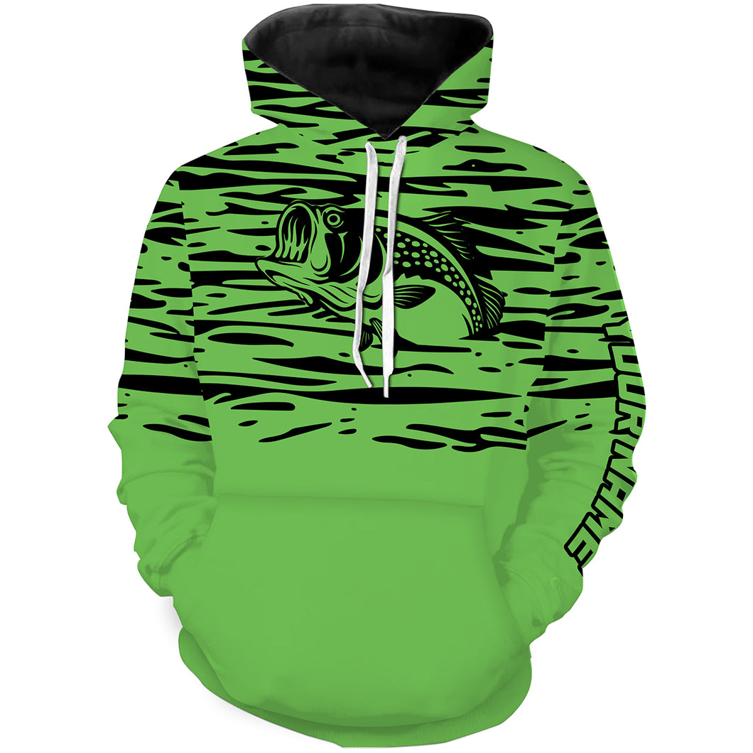 Largemouth bass fishing green color water waves Customize name 3D All Over Printed fishing hoodie NPQ523