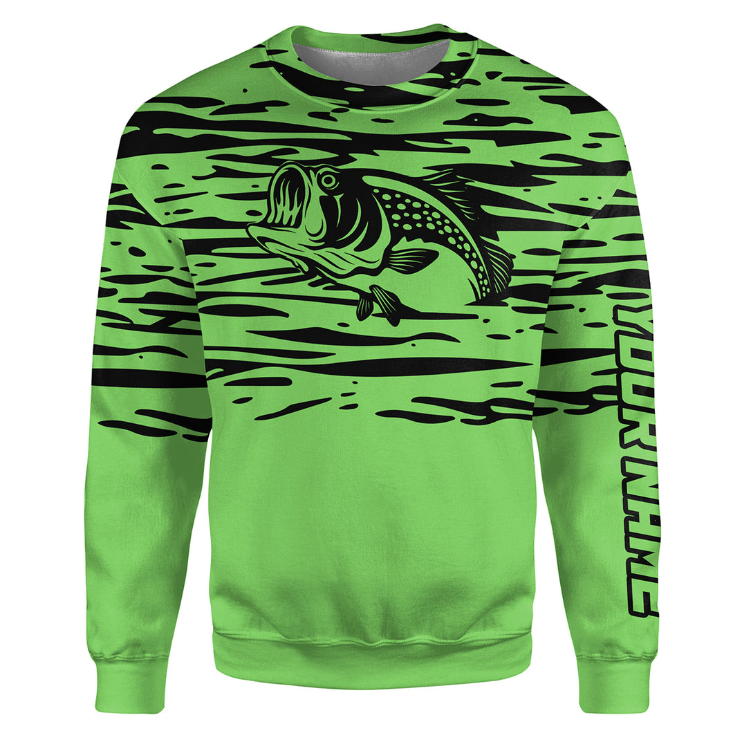 Largemouth bass fishing green color water waves Customize name All-over Print Crew Neck Sweatshirt NPQ523
