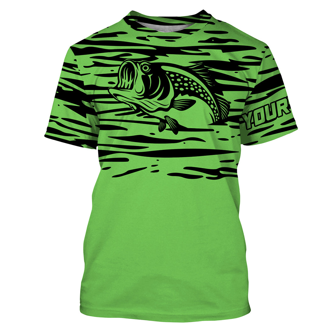 Largemouth bass fishing green color water waves Customize Name All-over Print Unisex fishing T-shirt NPQ523