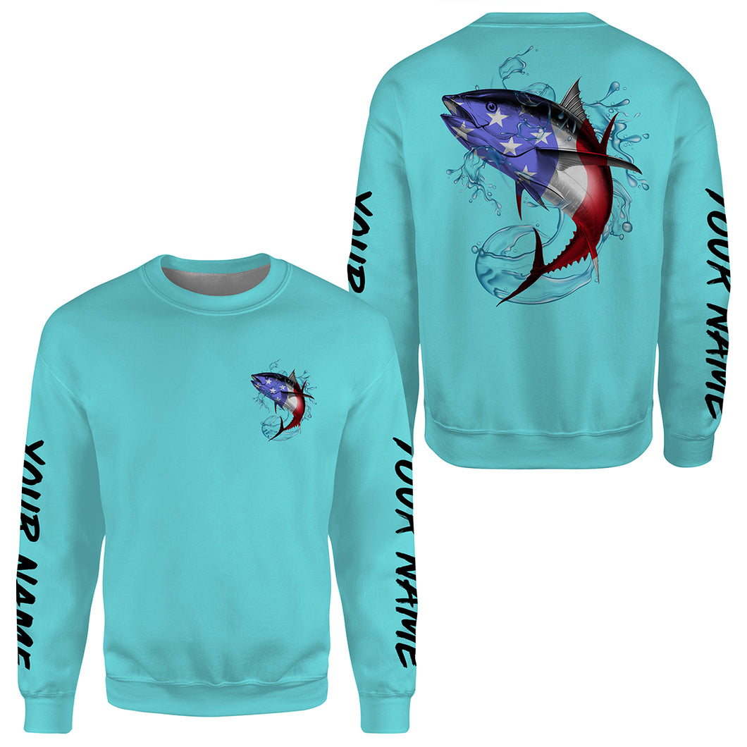 Tuna Fishing American Flag Custom All over print Sweatshirt, Patriotic Fishing gifts | sky blue - HPW265
