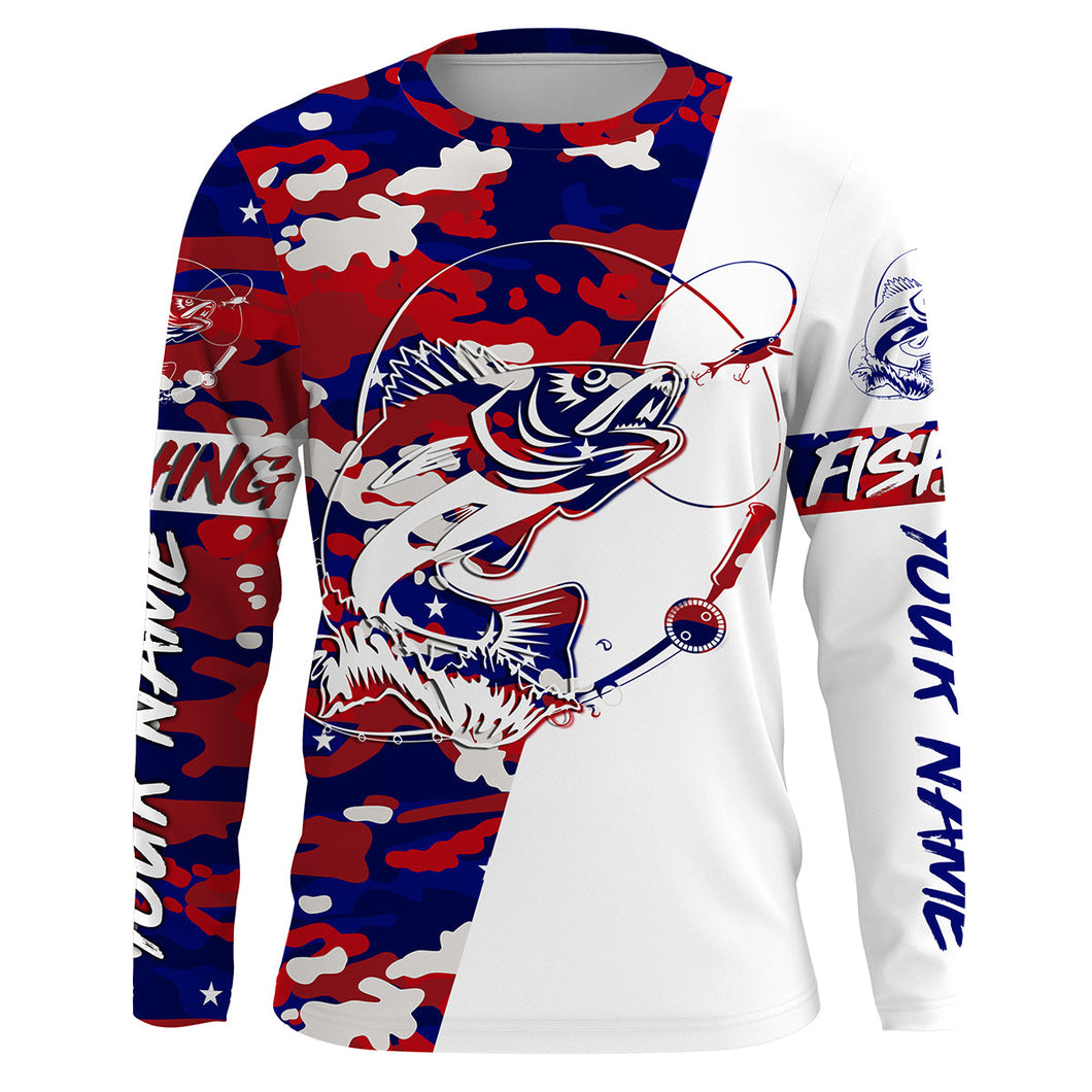 Red,White and Blue camo Custom Walleye Long Sleeve Fishing Shirts, Patriotic Fishing apparel gifts IPHW2020