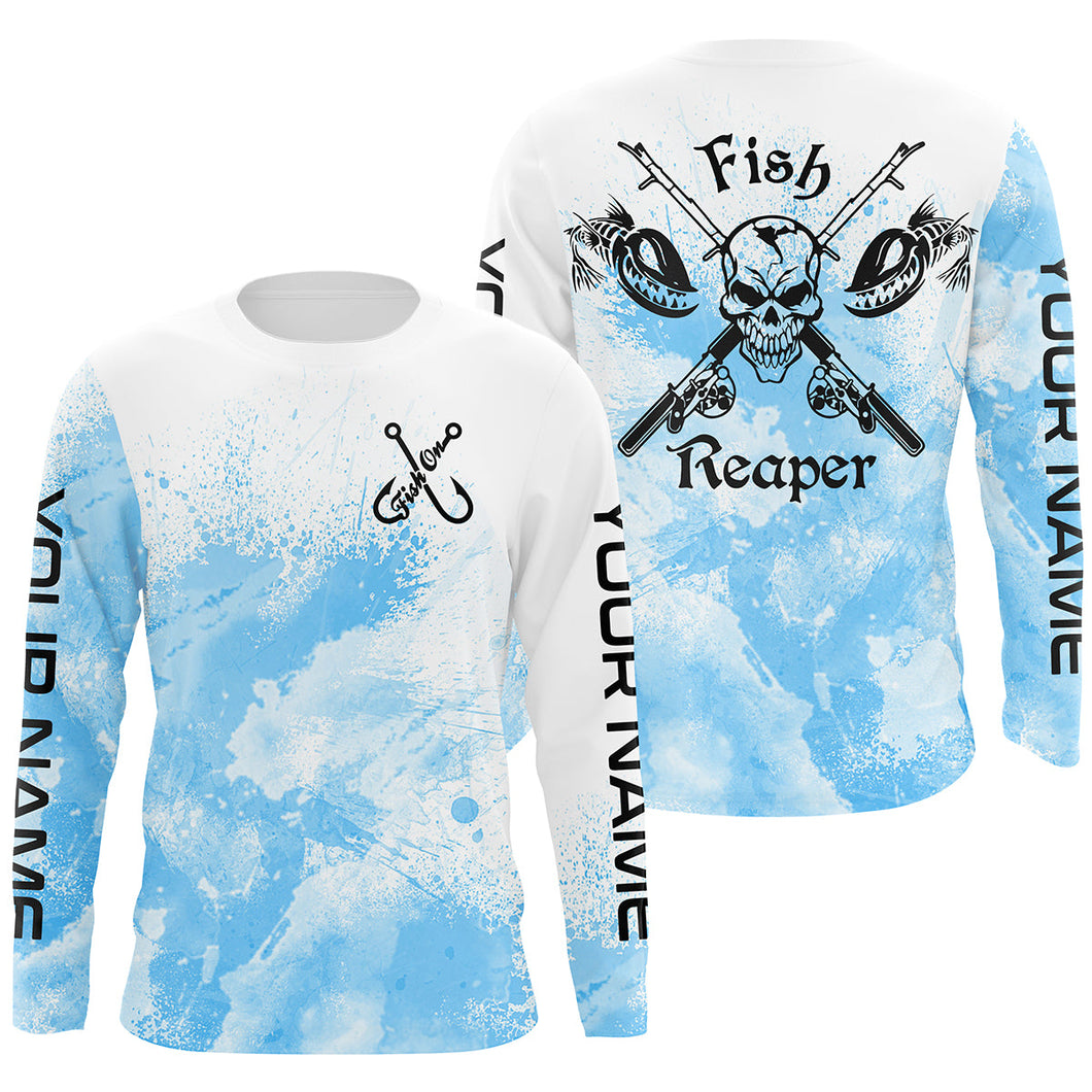 Fish on Fish reaper Custom Long Sleeve performance Fishing Shirts, personalized blue Fishing jersey IPHW2271