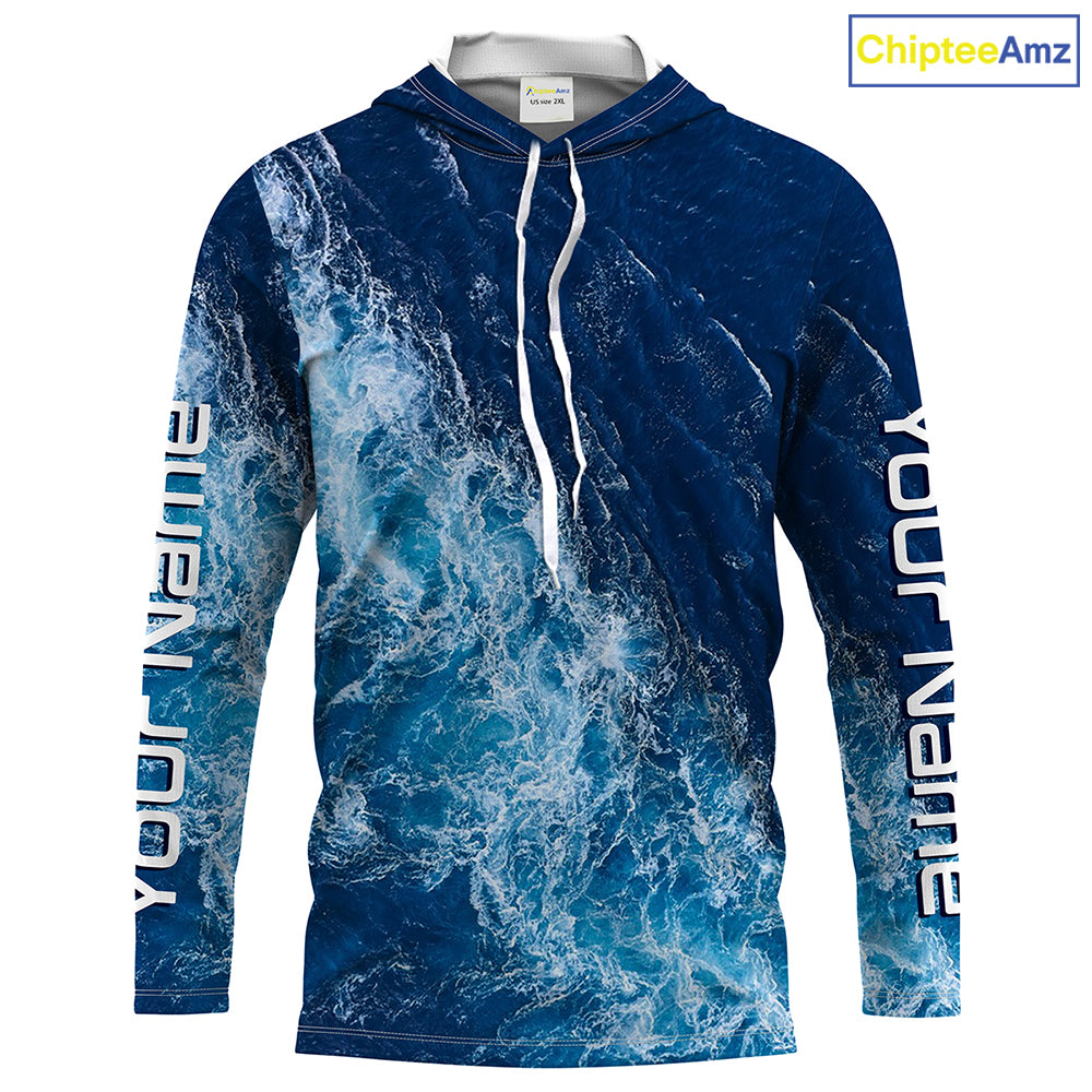 Custom Saltwater Long sleeve performance Fishing Shirts UV Protection, blue ocean sea wave Fishing apparel - HPW245
