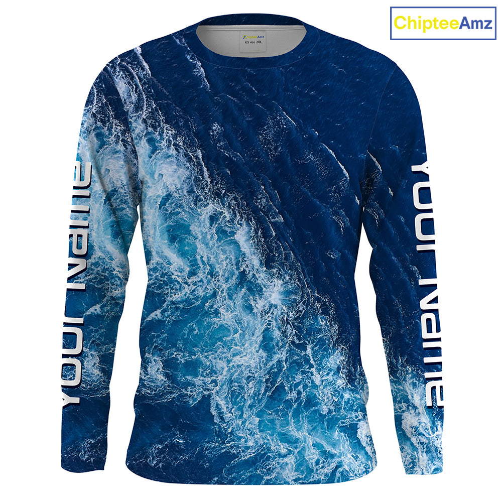 Custom Saltwater Long sleeve performance Fishing Shirts UV Protection, blue ocean sea wave Fishing apparel - HPW245