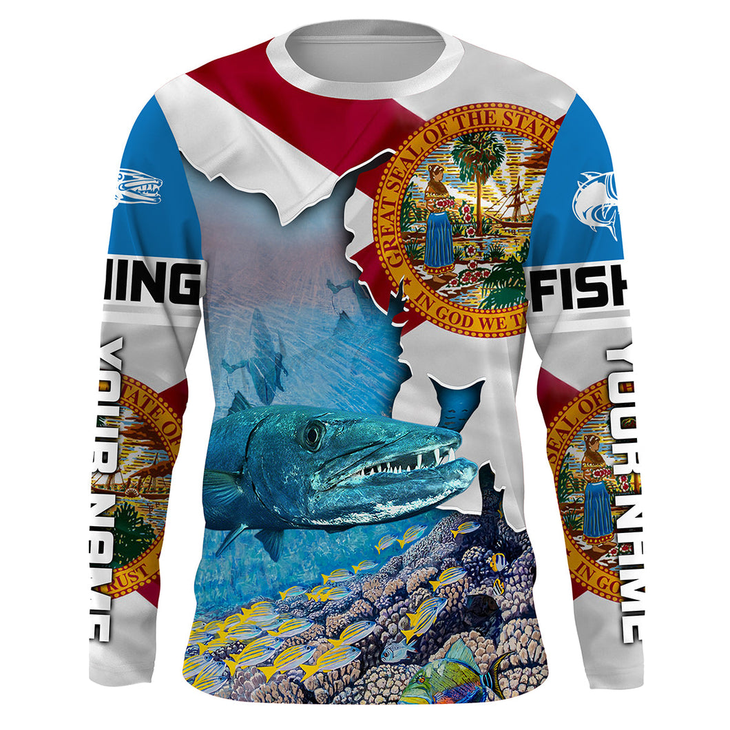 Florida Great Barracuda Custom Long Sleeve performance Fishing Shirts, Florida Flag Fishing jerseys IPHW1826