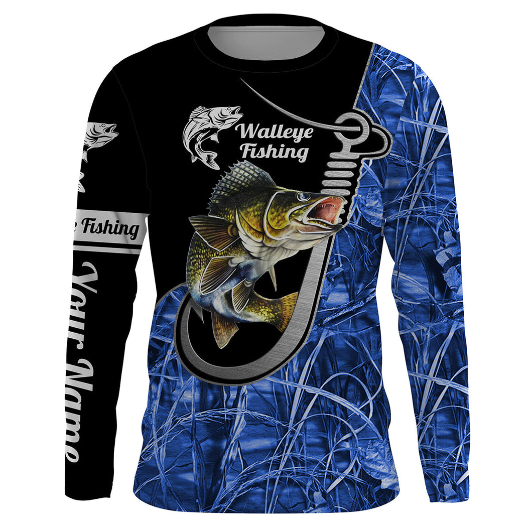 Walleye Fishing Fish hook blue camo Custom Long sleeve performance Fishing Shirts UV Protection IPHW1662