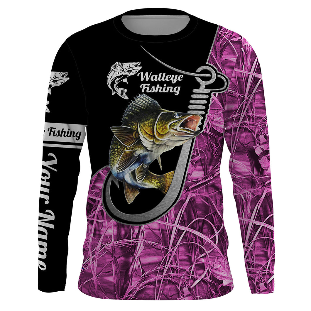 Walleye Fishing Fish hook pink camo Custom Long sleeve performance Fishing Shirts for women IPHW1664