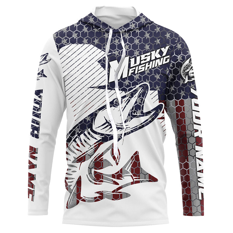 Musky American Flag Custom Fishing Shirts, Patriotic Muskie Fishing Jerseys IPHW4741