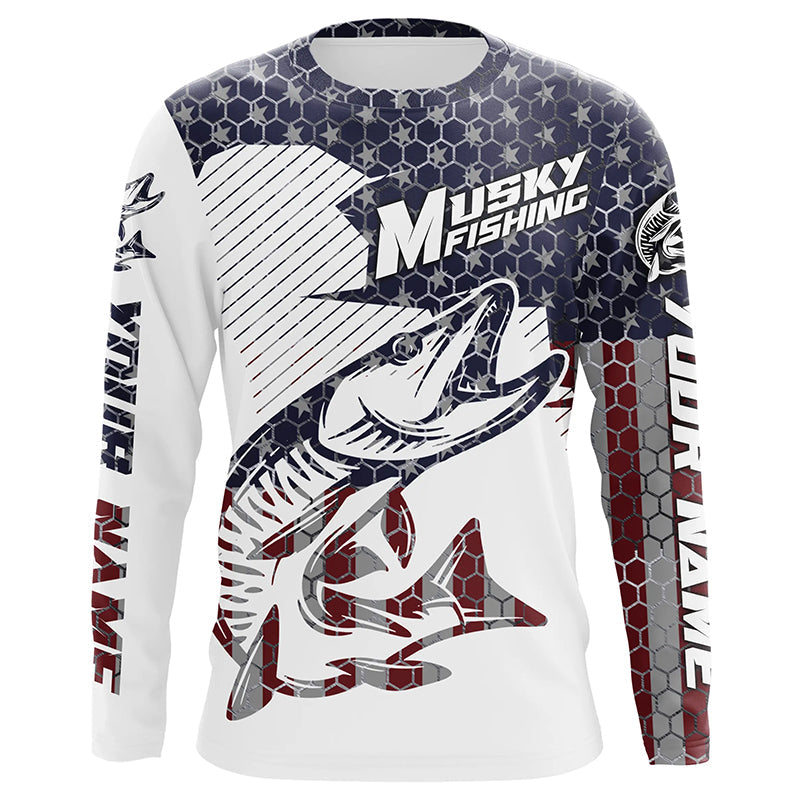 Musky American Flag Custom Fishing Shirts, Patriotic Muskie Fishing Jerseys IPHW4741