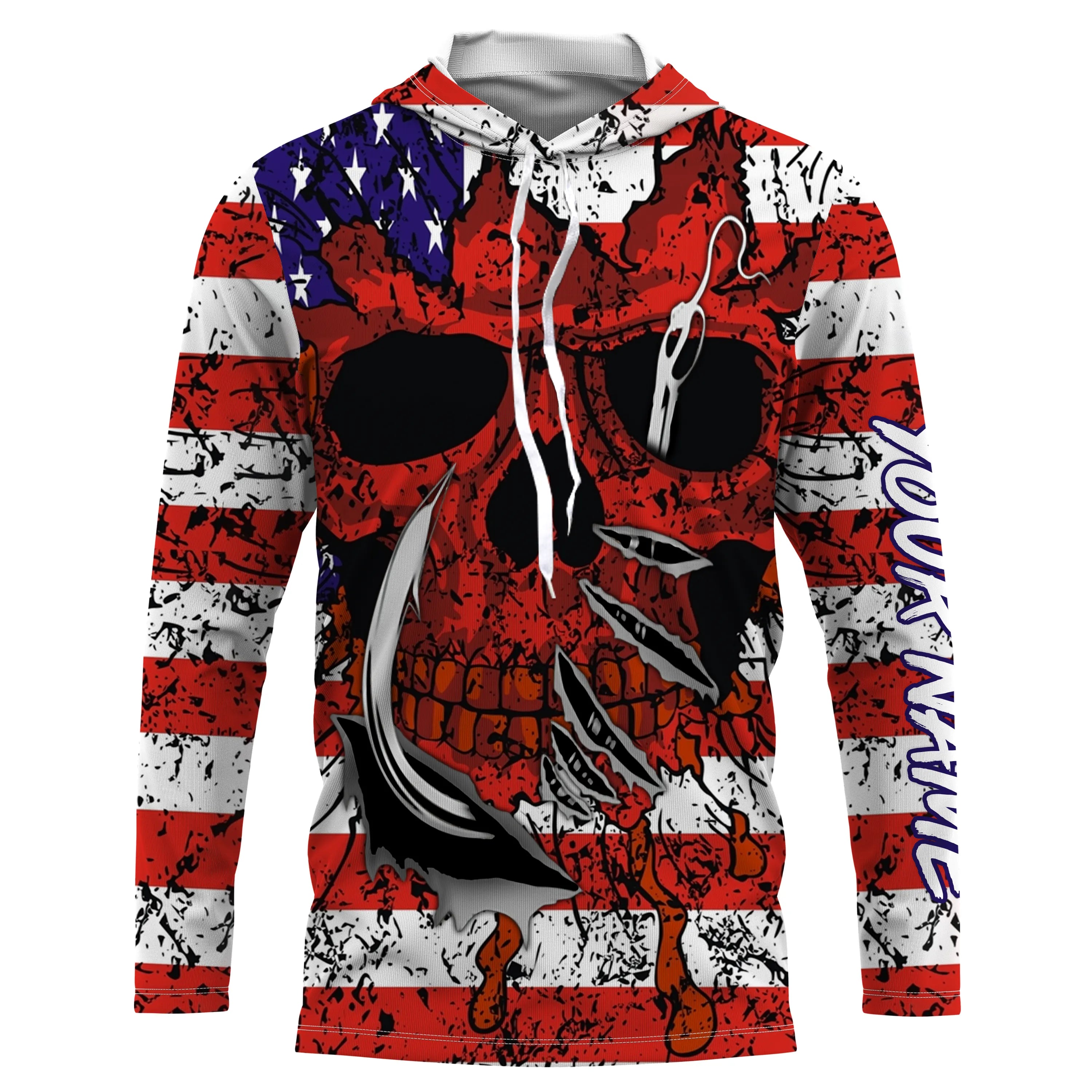 American Flag Skull Fish Hook Long Sleeve Fishing Shirts, Personalized Patriotic Fishing Gifts IPHW4133