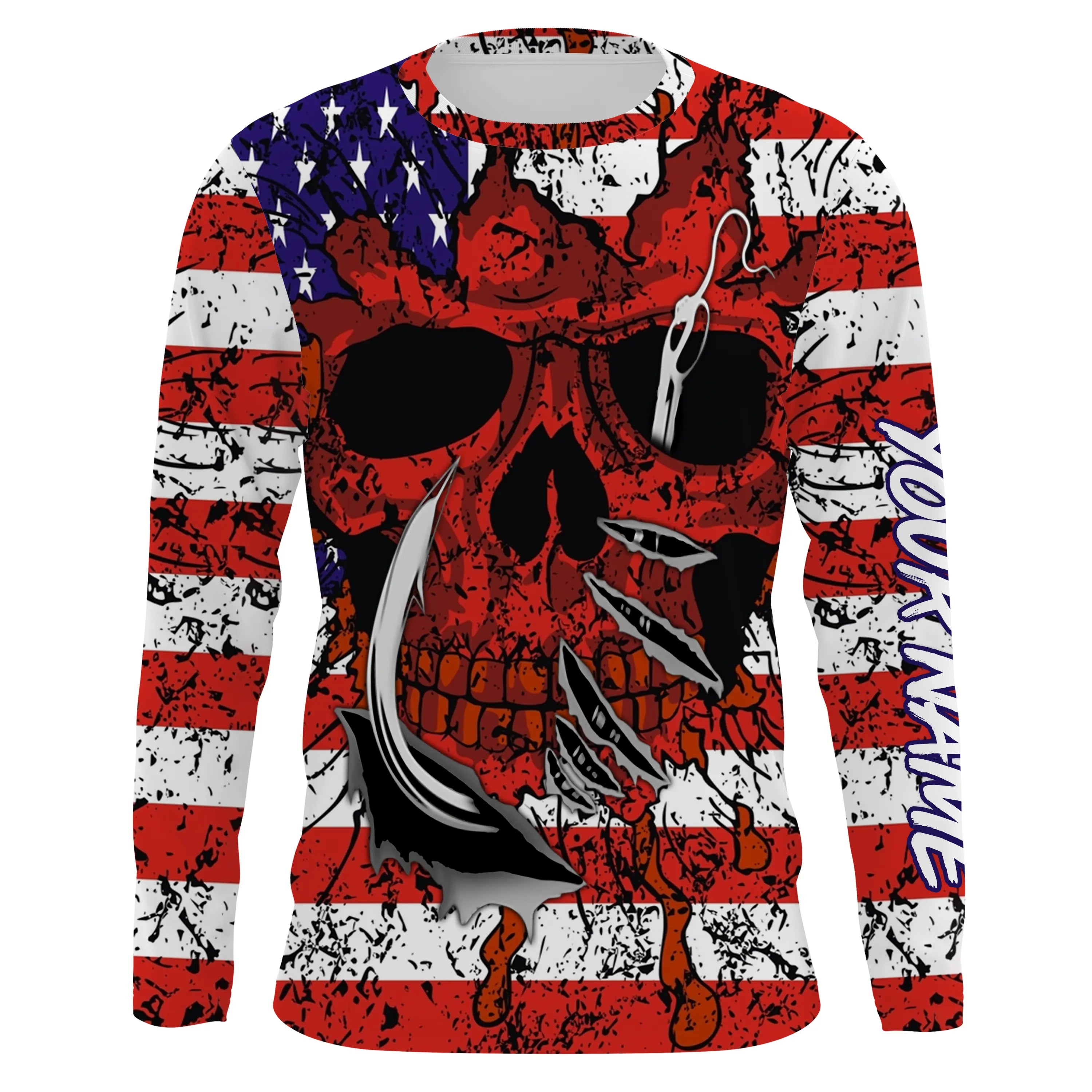 American Flag Skull Fish Hook Long Sleeve Fishing Shirts, Personalized Patriotic Fishing Gifts IPHW4133