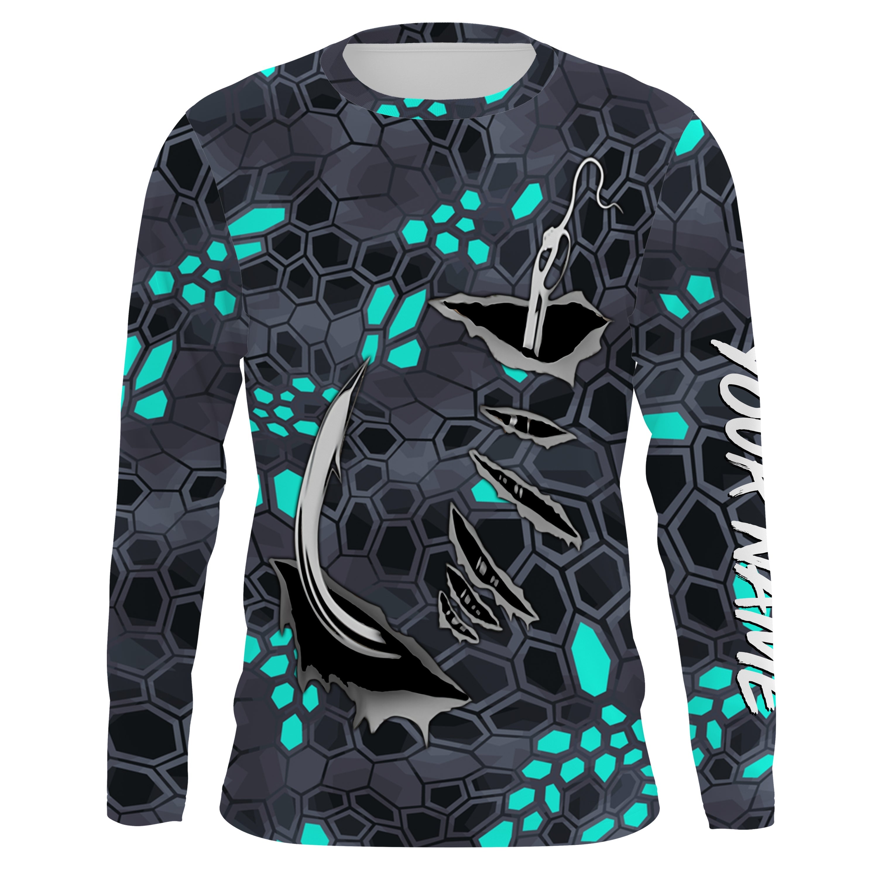 Fishing camo Fish hook Custom Long sleeve performance Fishing Shirts, blue camo Fishing jerseys IPHW2933, Long sleeves hooded UPF / S