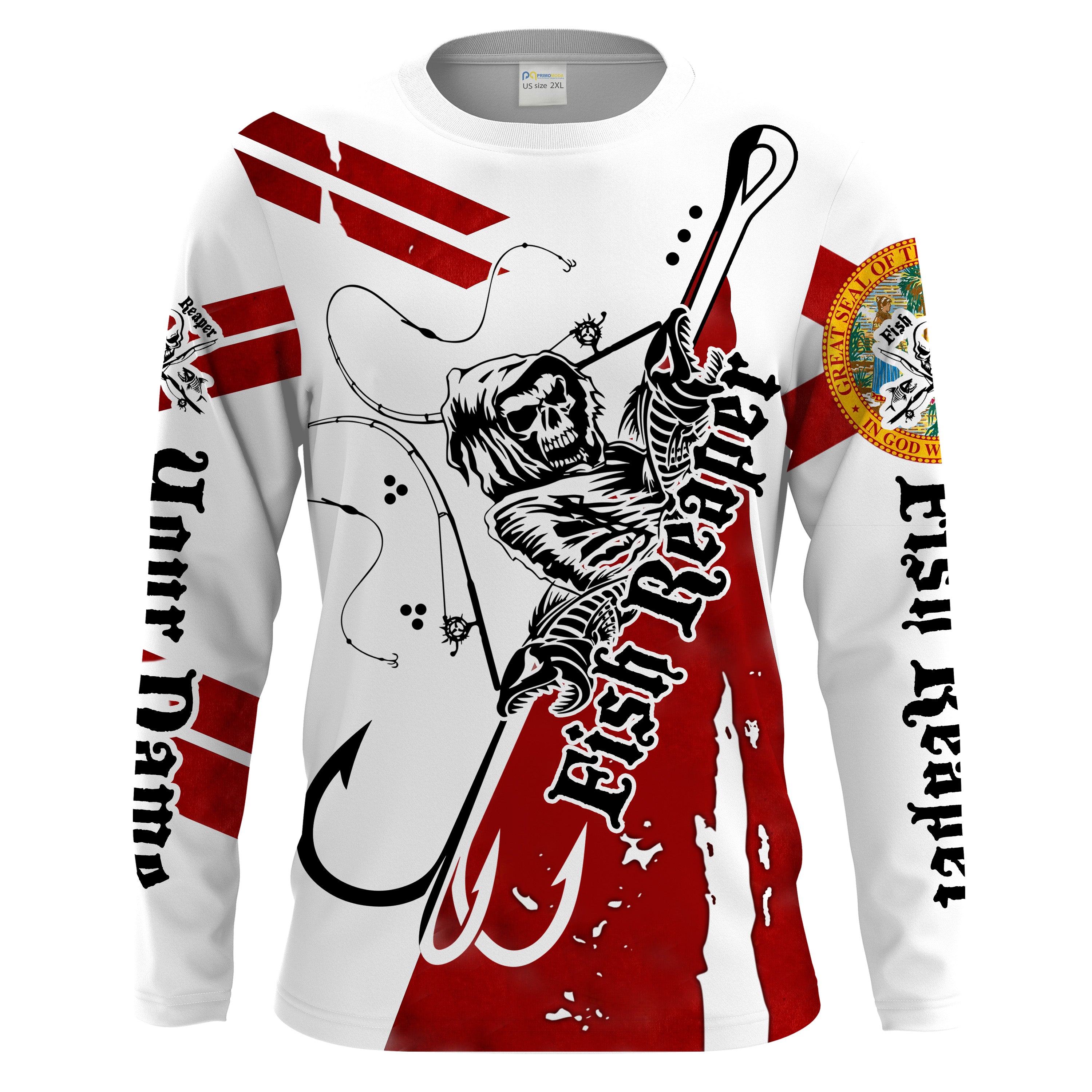 Florida Fish reaper Custom Men Long Sleeve Fishing Shirts, Florida flag performance fishing shirts - HPW68