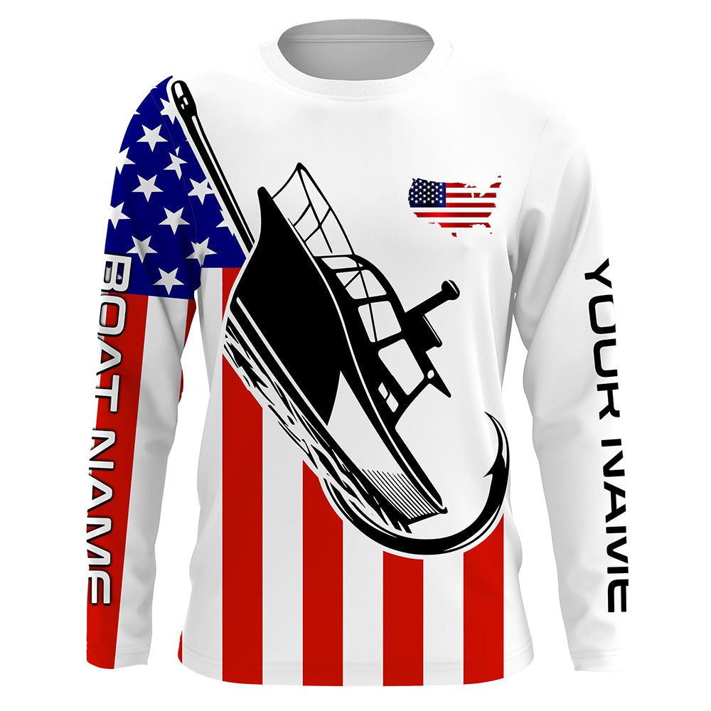 Custom Deep Sea Fishing Shirts With Boat Name, American Flag Saltwater Fishing Shirts IPHW4761