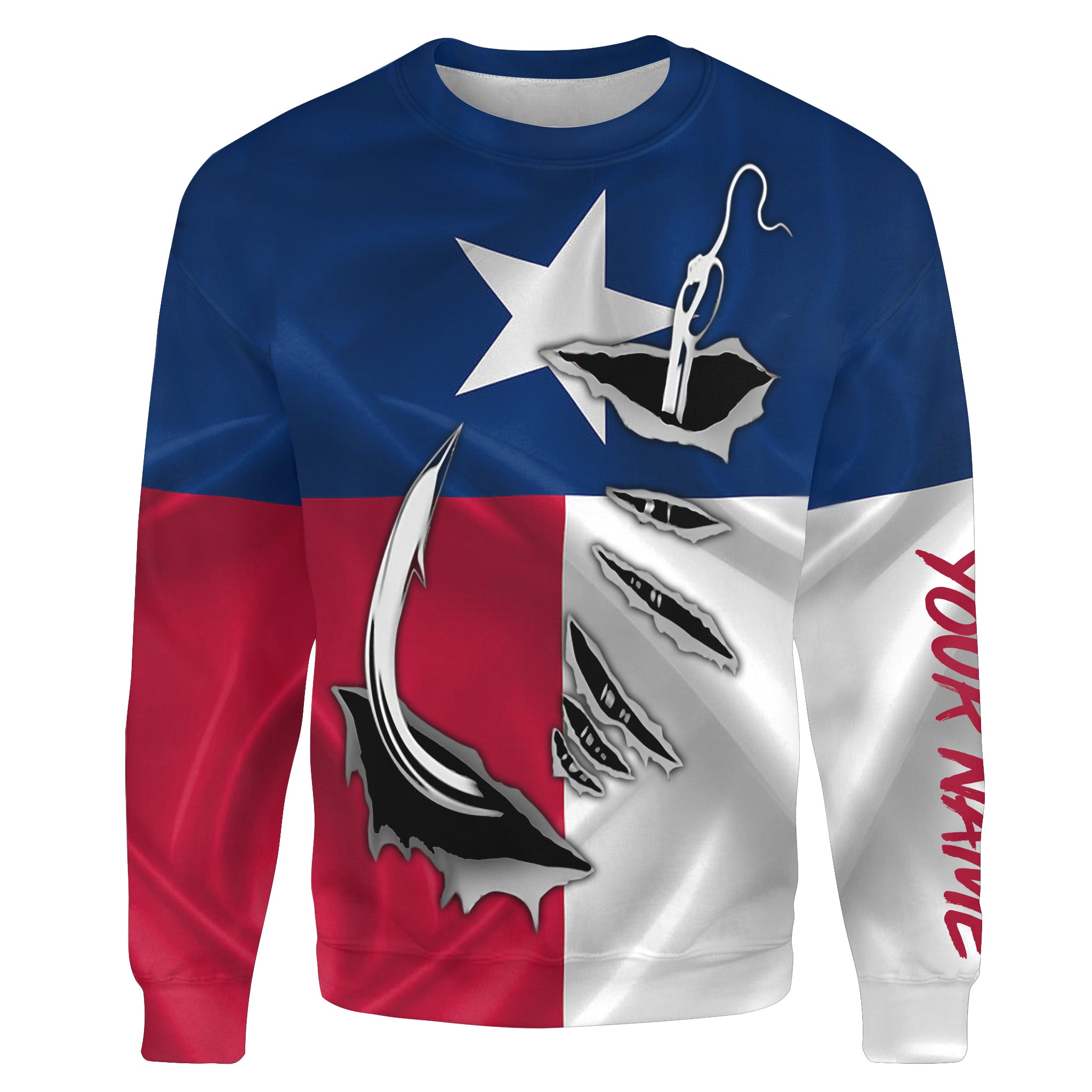 TX Fishing 3D Fish Hook Texas Flag Custom All over print Sweatshirt personalized patriotic Fishing gifts - HPW2