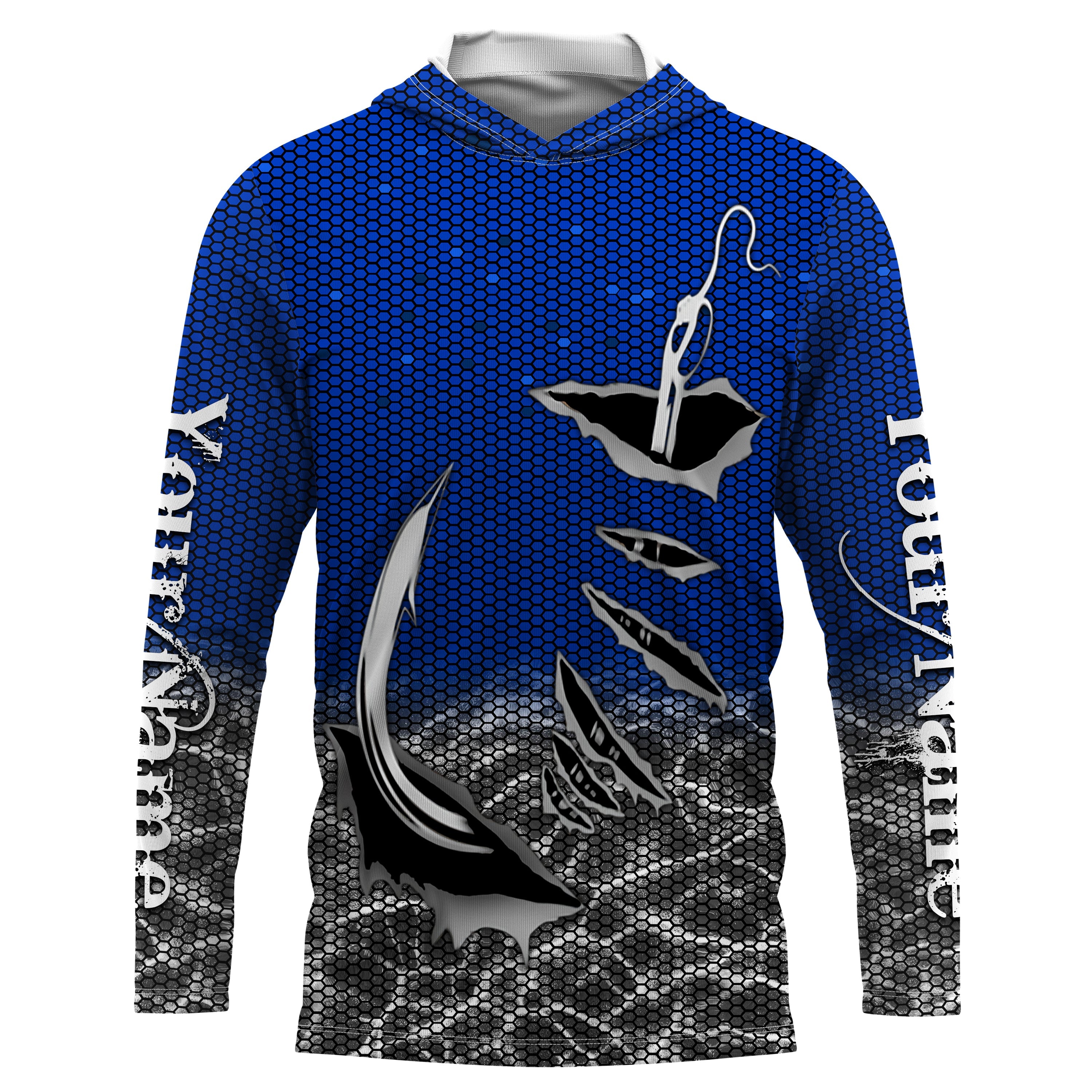 3D Fish hook Custom Long Sleeve performance Fishing Shirts, personalized Fishing gift ideas | blue IPHW1705