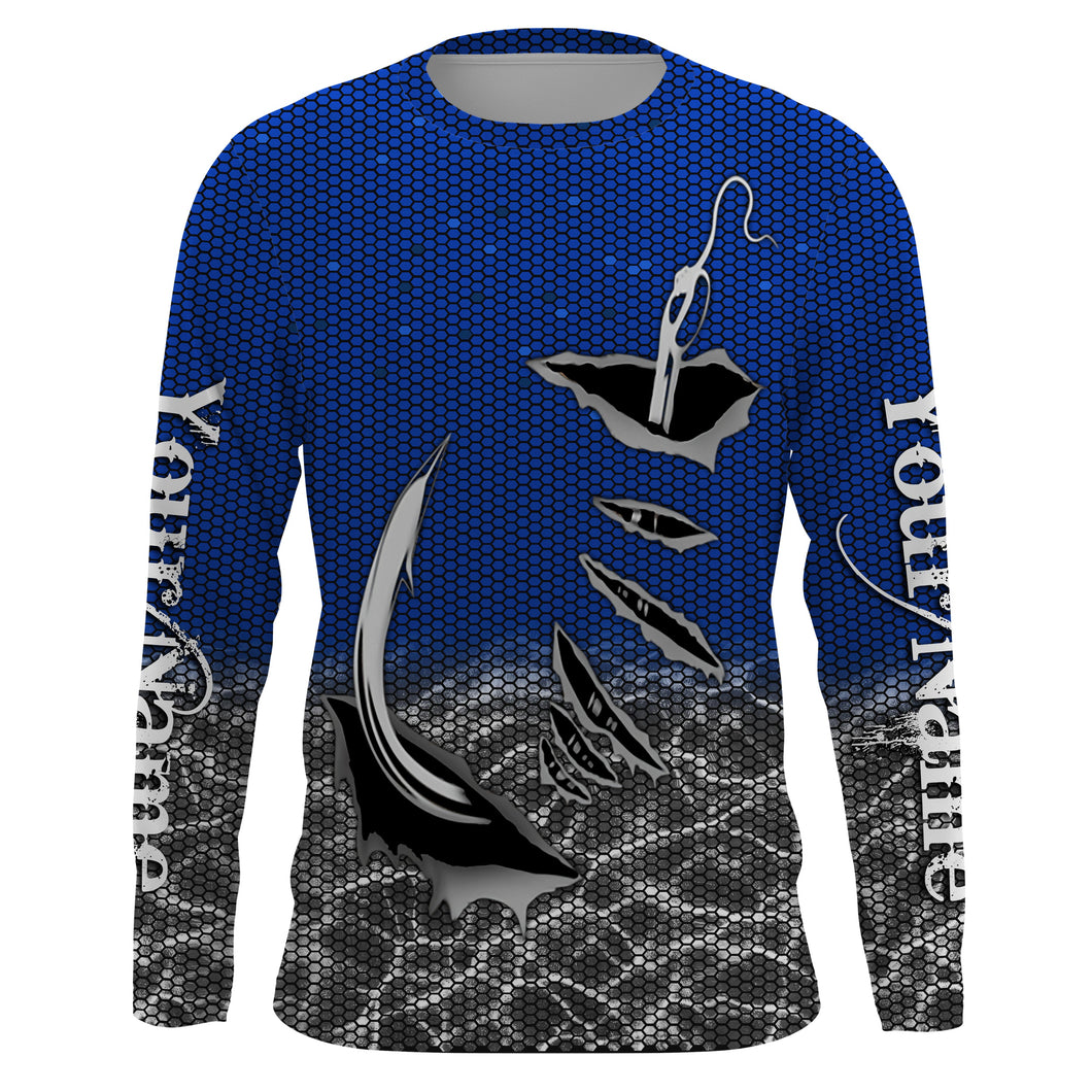 3D Fish hook Custom Long Sleeve performance Fishing Shirts, personalized Fishing gift ideas | blue IPHW1705