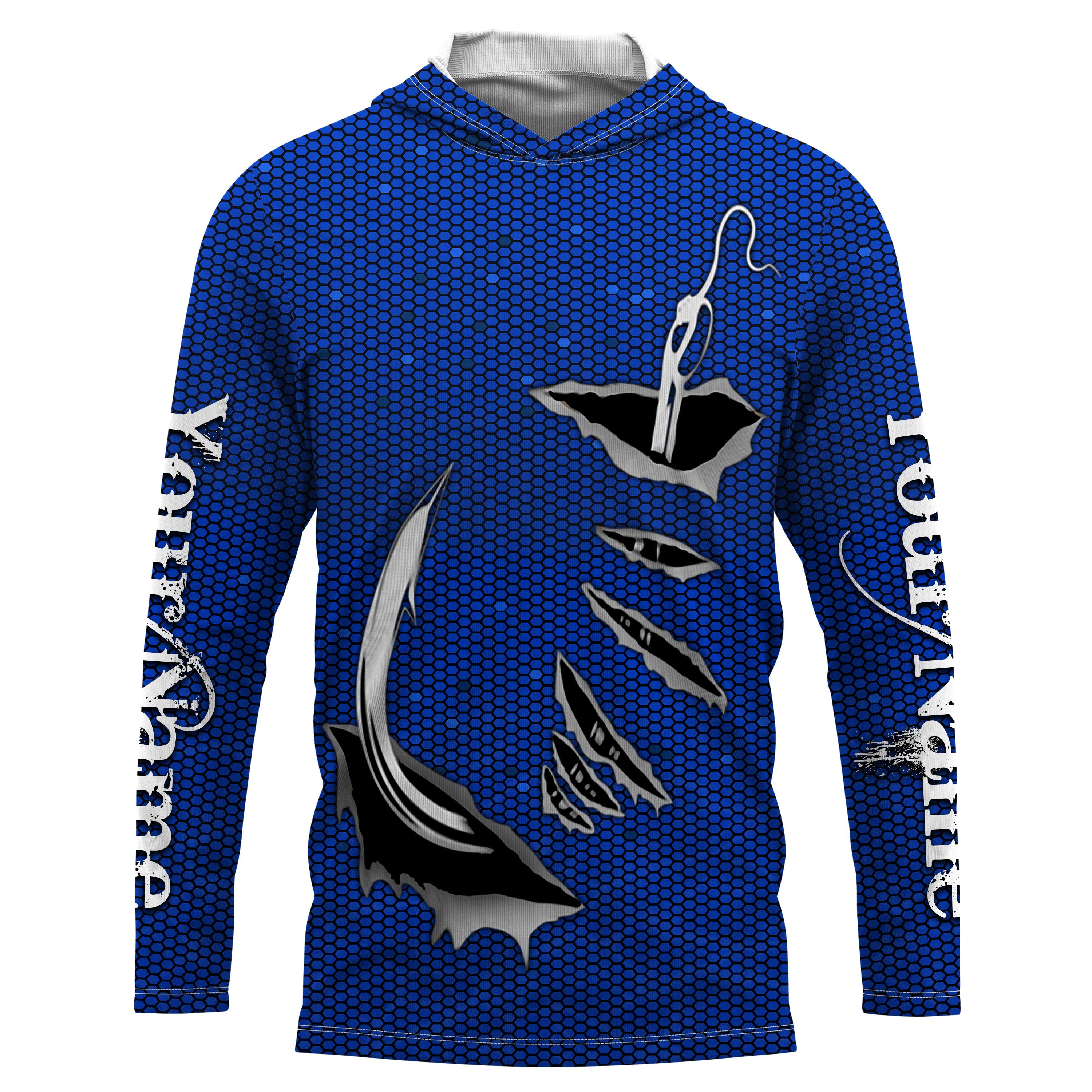 3D Fish hook Custom Long Sleeve performance Fishing Shirts, personalized Fishing gift ideas | blue IPHW1706