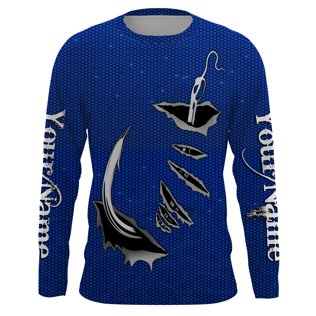 3D Fish hook Custom Long Sleeve performance Fishing Shirts, personalized Fishing gift ideas | blue IPHW1706