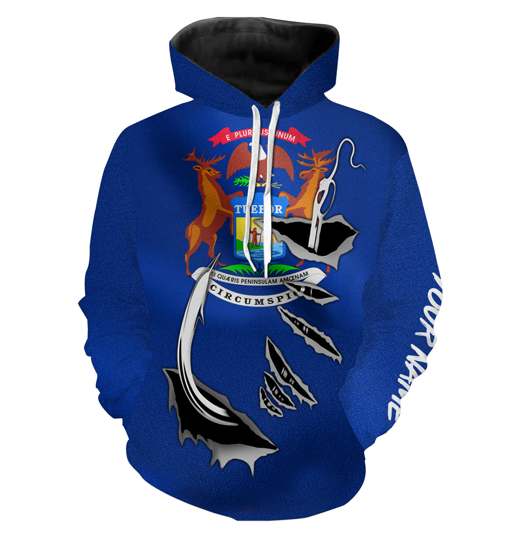 MI Michigan Flag Fishing 3D Fish Hook Custom All over print Hoodie Fishing Shirts personalized Patriotic Fishing gifts - HPW366