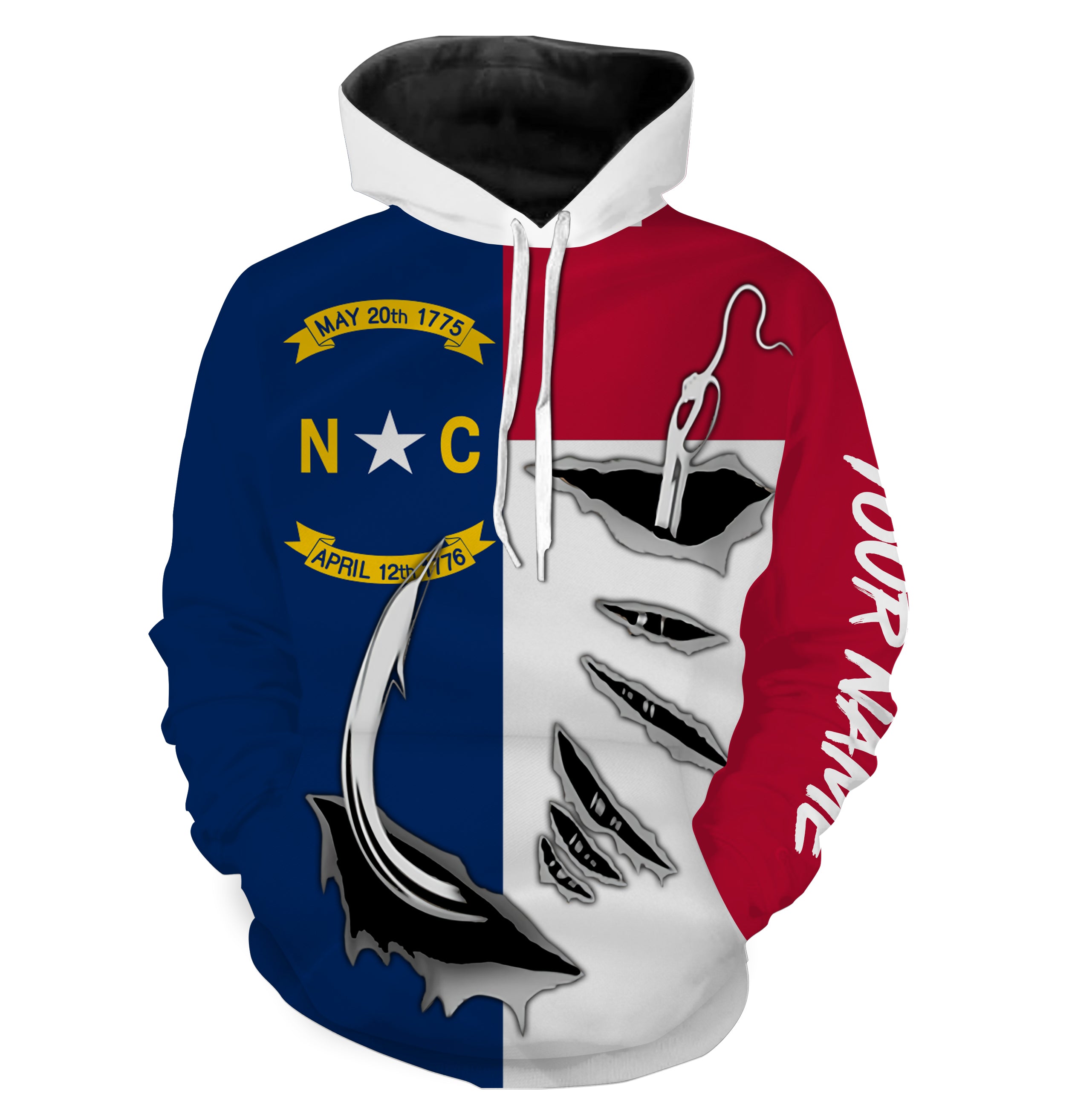 NC North Carolina Flag Fishing Fish Hook Custom All over print Hoodie Fishing Shirts personalized Patriotic fishing gifts - HPW14