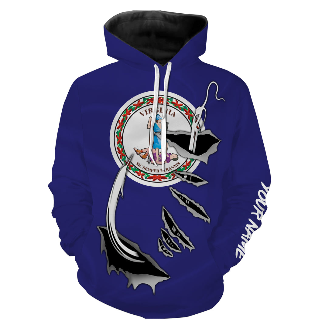 VA Virginia Flag Fishing Fish Hook Custom All over print Hoodie Fishing Shirts personalized Patriotic fishing gifts - HPW35