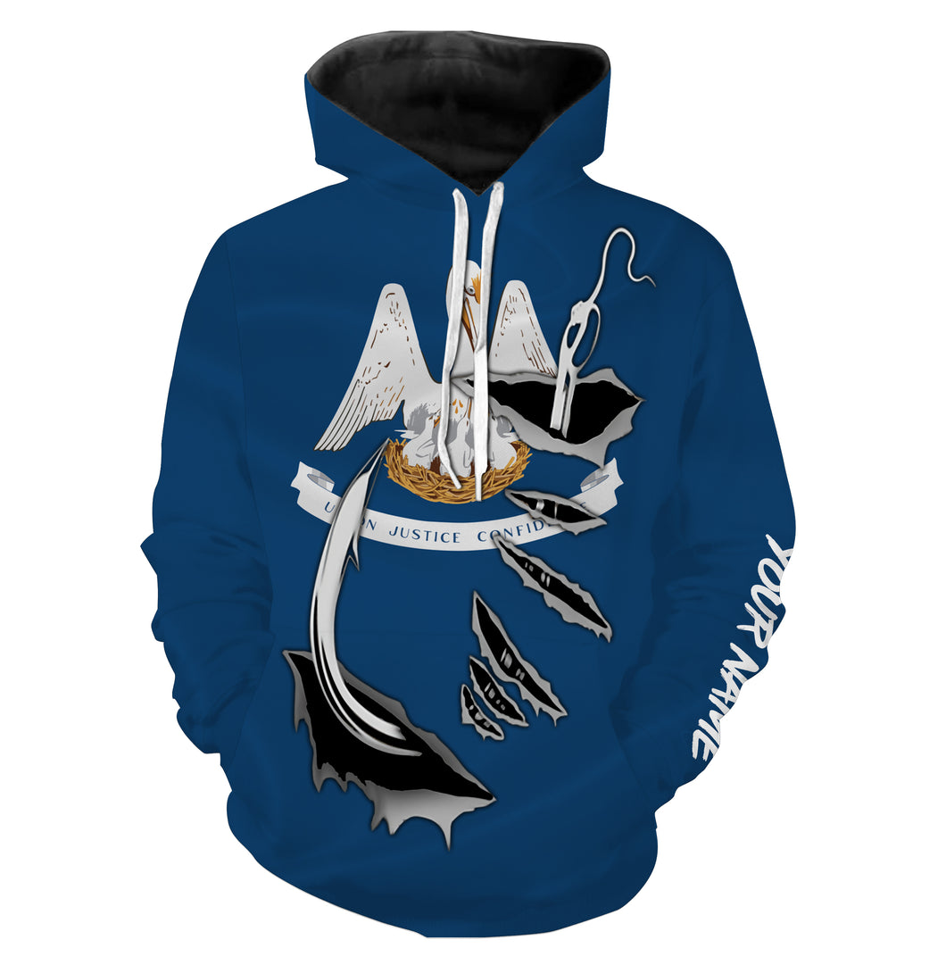 LA Louisiana Flag Fishing Fish Hook Custom All over print Hoodie Fishing Shirts personalized Patriotic fishing gifts - HPW36