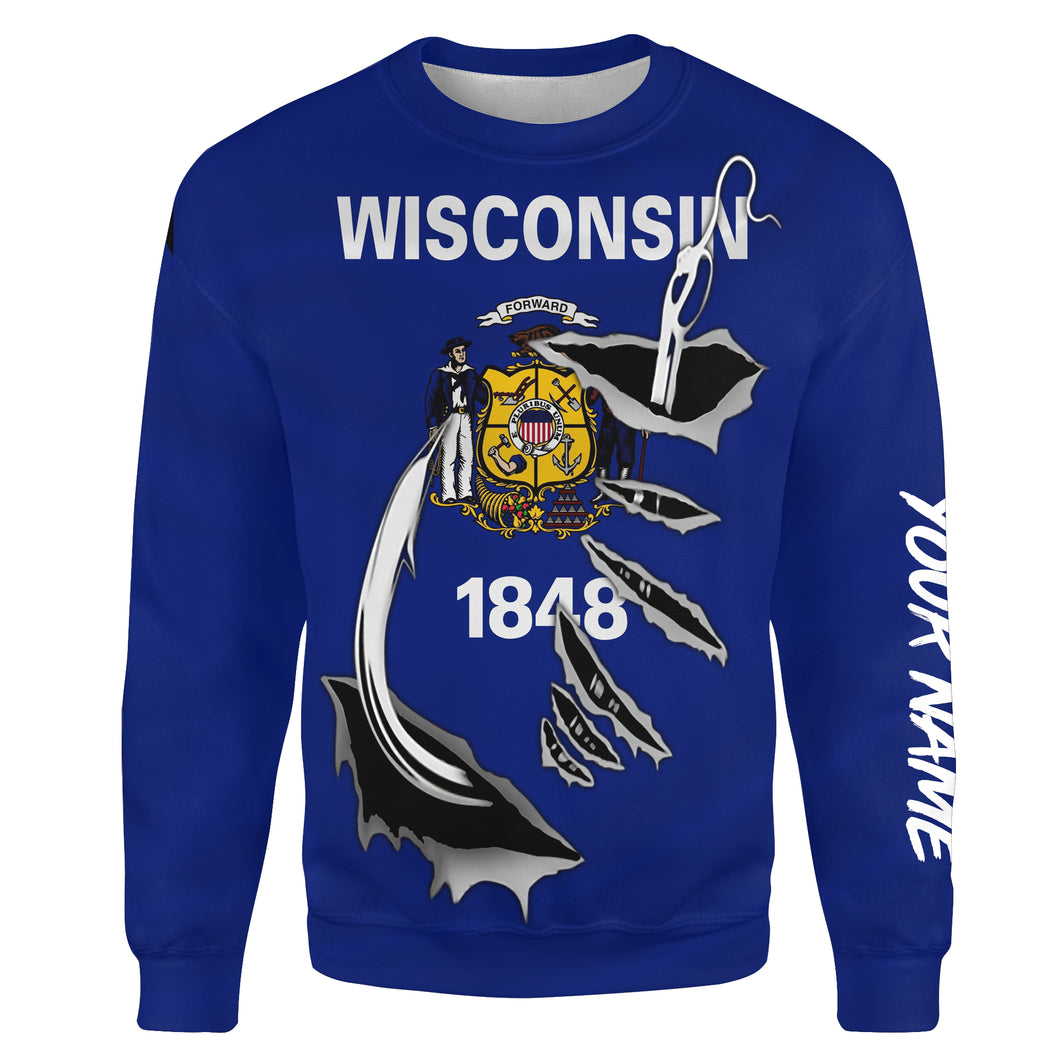 WI Wisconsin Flag Fishing Fish Hook Custom All over print Sweatshirt personalized Patriotic fishing gifts  - HPW324
