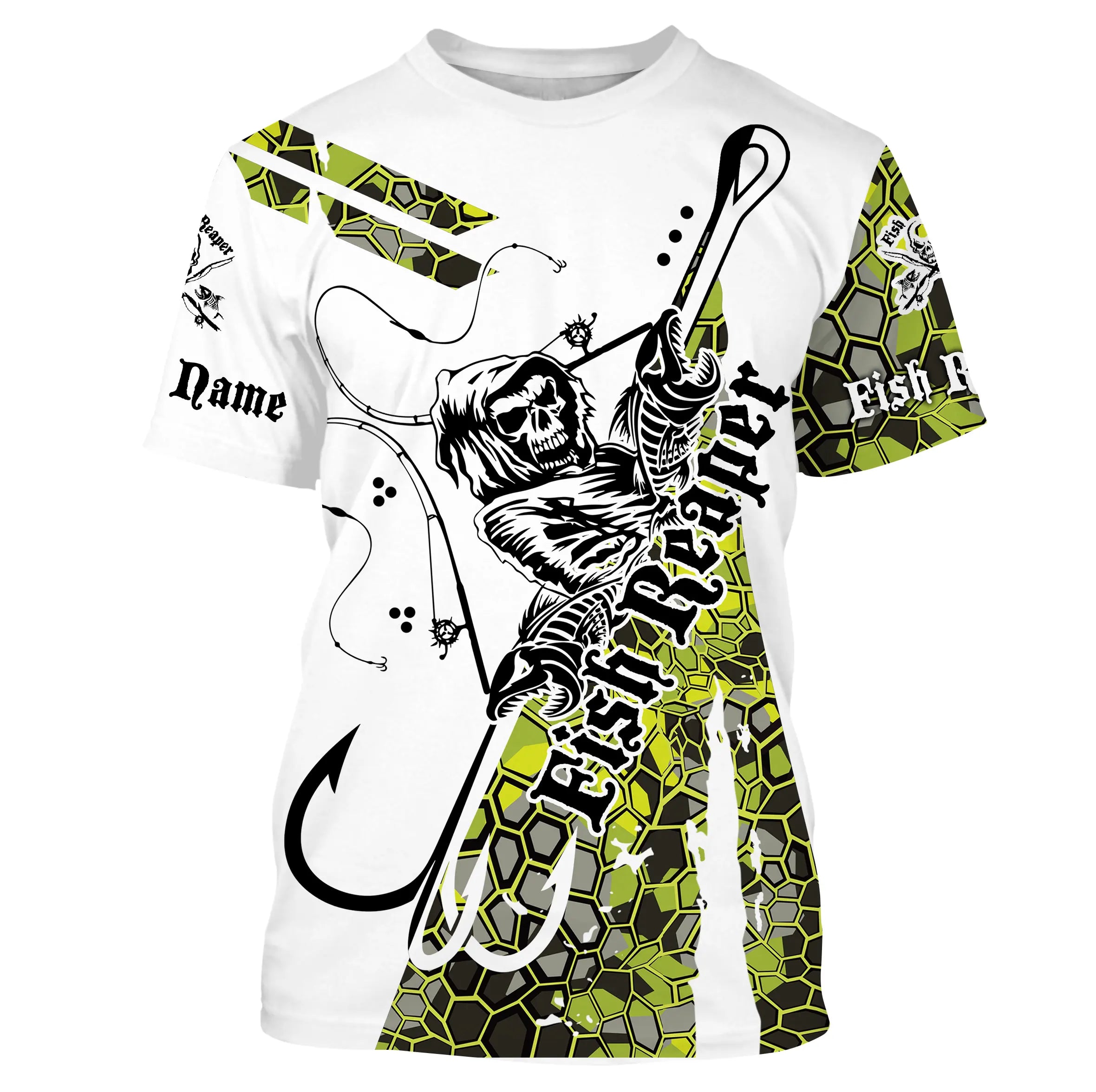 Fish Reaper Skull Fish Hook Custom Fishing Jerseys, Green Camo Fishing ...