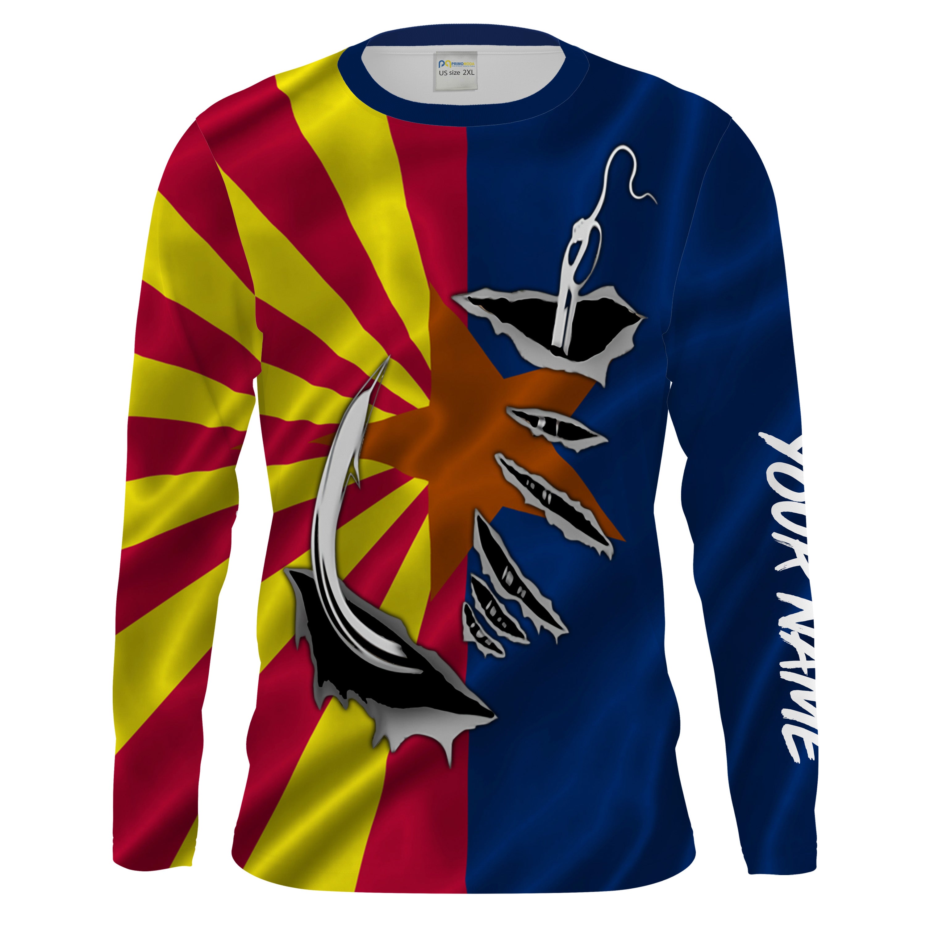 AZ Fishing 3D Fish Hook Arizona Flag UV protection Custom Men Long Sleeve Fishing Shirts - HPW41