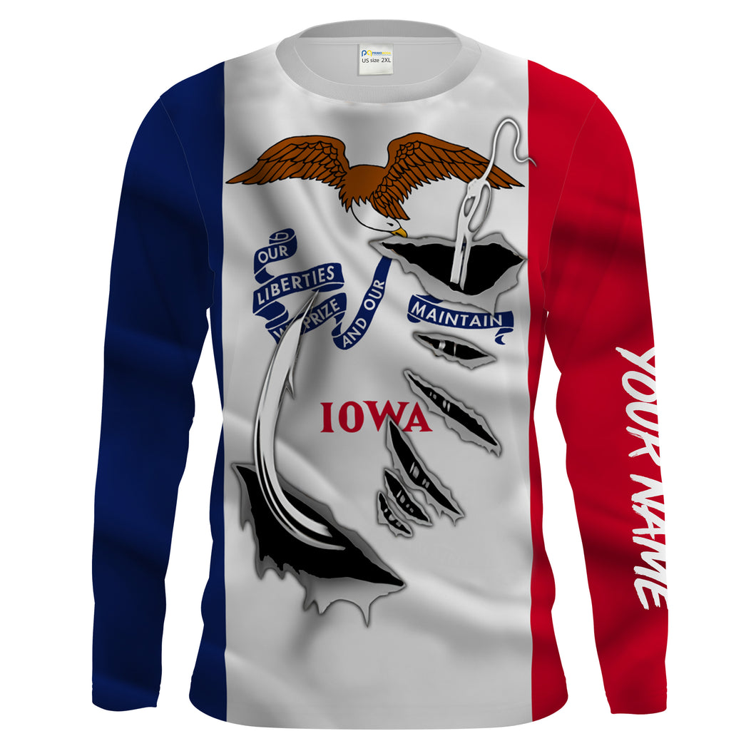 Iowa Flag 3D Fish Hook UV protection Custom Men long Sleeve performance Fishing Shirts Fishing apparel - HPW44