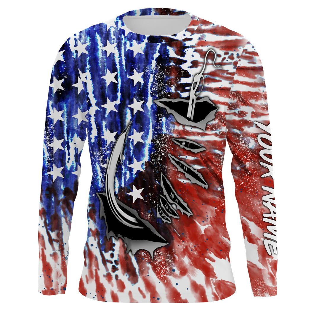 Personalized Fish hook American Flag Long Sleeve Fishing Shirts, tie dye Patriotic Fishing gifts IPHW2023