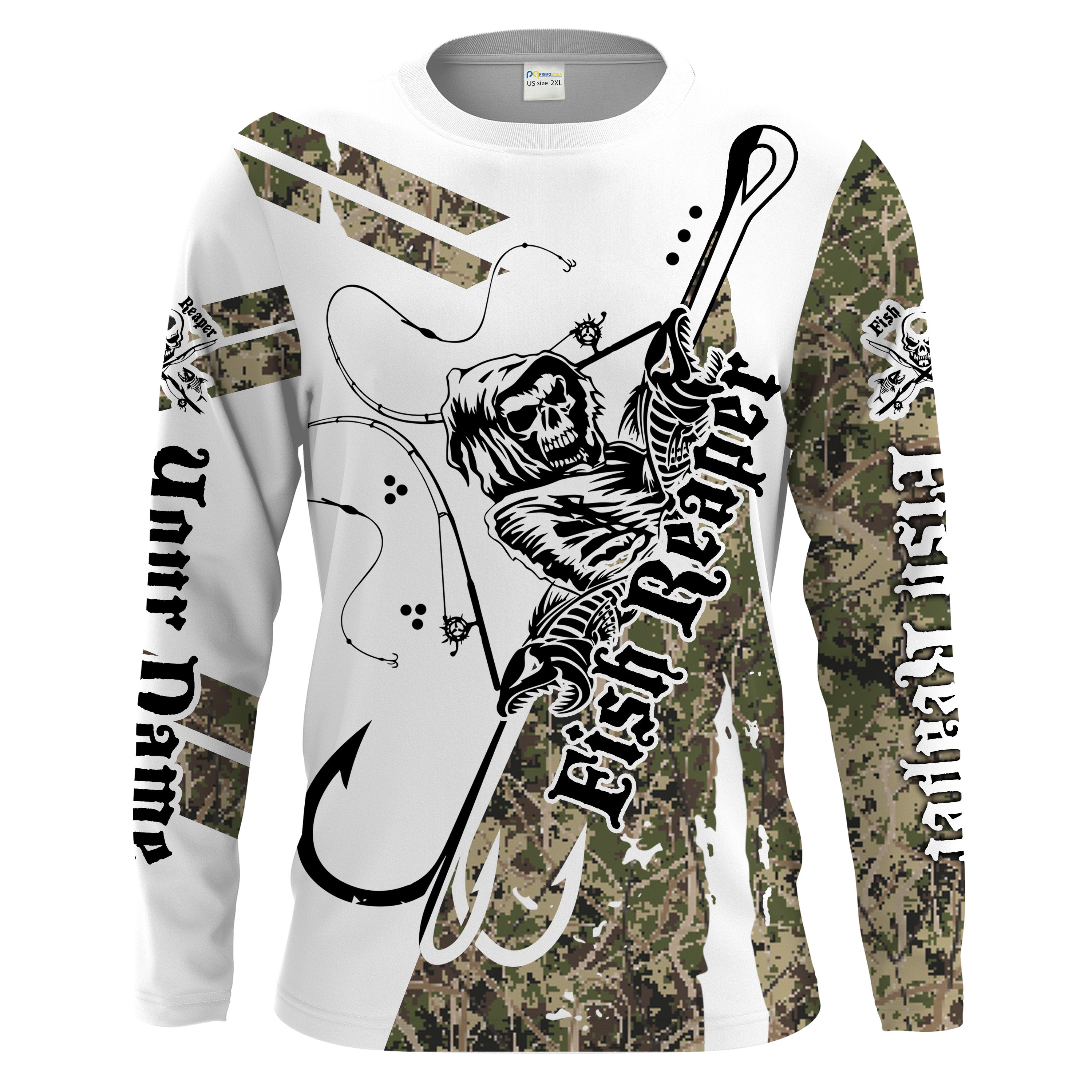 Fish reaper grass camo Custom Men Long Sleeve Fishing Shirts, Fish skull personalized Fishing gifts - HPW64