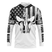Load image into Gallery viewer, Black And White American Flag Fishing Shirts, Fish Reaper Skull Personalized Patriotic Fishing Gifts IPHW4136
